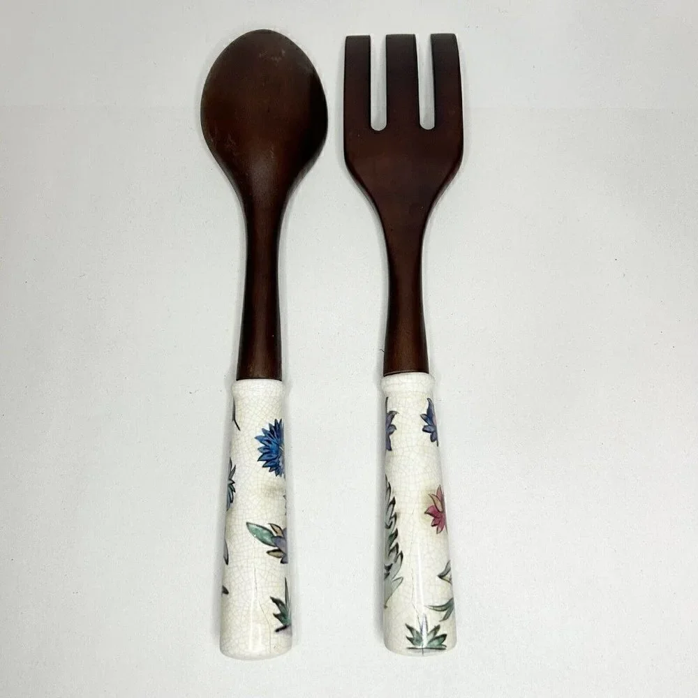 Wooden Salad Serving Fork Spoon Set w/ Porcelain Floral/Bird Handles 13